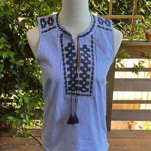 J. CREW Blue and White Sleeveless Tunic with Embroidered Bib Collar